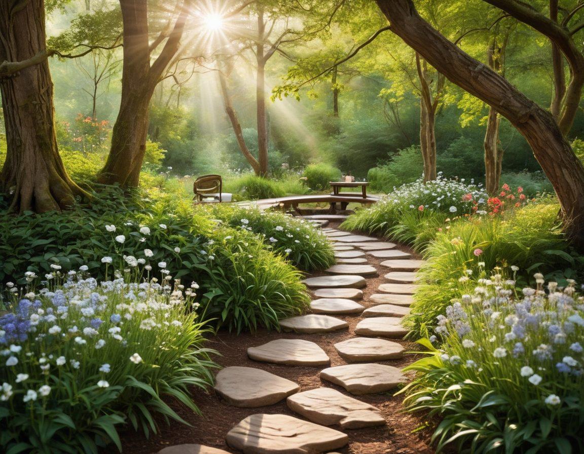 A serene landscape depicting a winding path through a lush forest, where a figure practices mindfulness, seated in meditation surrounded by blooming flowers and gentle sunlight filtering through the trees. In the foreground, symbols of self-care like a journal, essential oils, and soothing tea cups are artfully arranged. The scene conveys a sense of peace and personal growth. vibrant colors. painting. softly blended background.