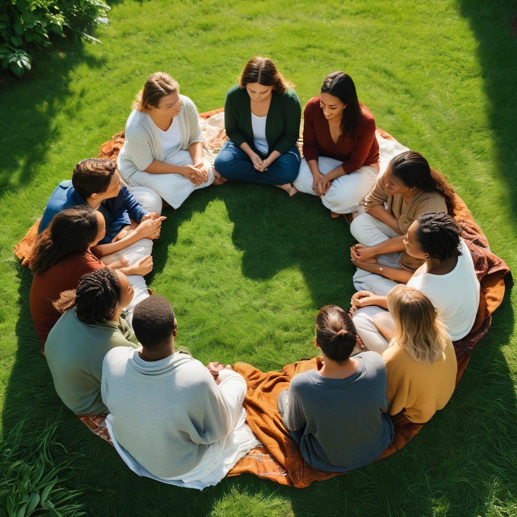 A diverse group of people gathered in a serene park, engaged in a compassionate circle while sharing stories. Their expressions reflect understanding and empathy, surrounded by lush greenery and soft sunlight filtering through tree leaves. Include comforting elements like hands holding, a cozy blanket, and gentle expressions. super-realistic. vibrant colors. warm tones.