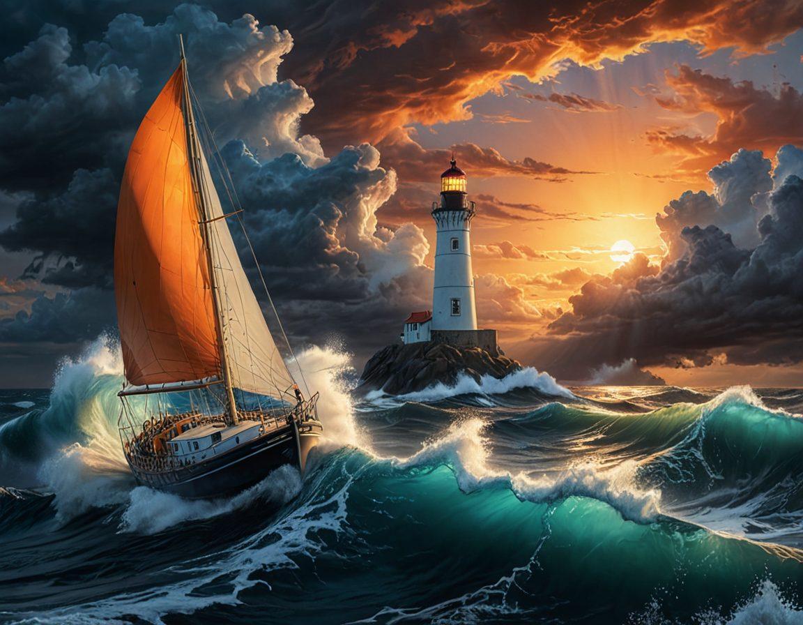 An abstract representation of a person sailing on turbulent seas, with waves symbolizing emotions crashing against a sturdy ship of resilience. A bright lighthouse shines in the distance, representing hope and support. The sky transitions from dark stormy clouds to a serene sunset, illustrating the journey from sorrow to empowerment. Include soothing blues and warm oranges to evoke a sense of serenity amidst turmoil. super-realistic. vibrant colors. 3D.